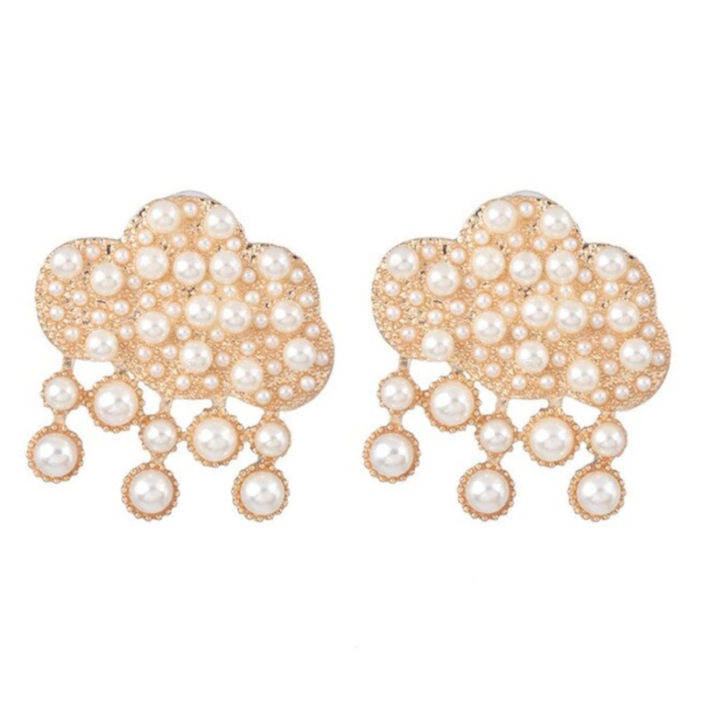 Gold Round Pearl Large Cloud Drop Earrings